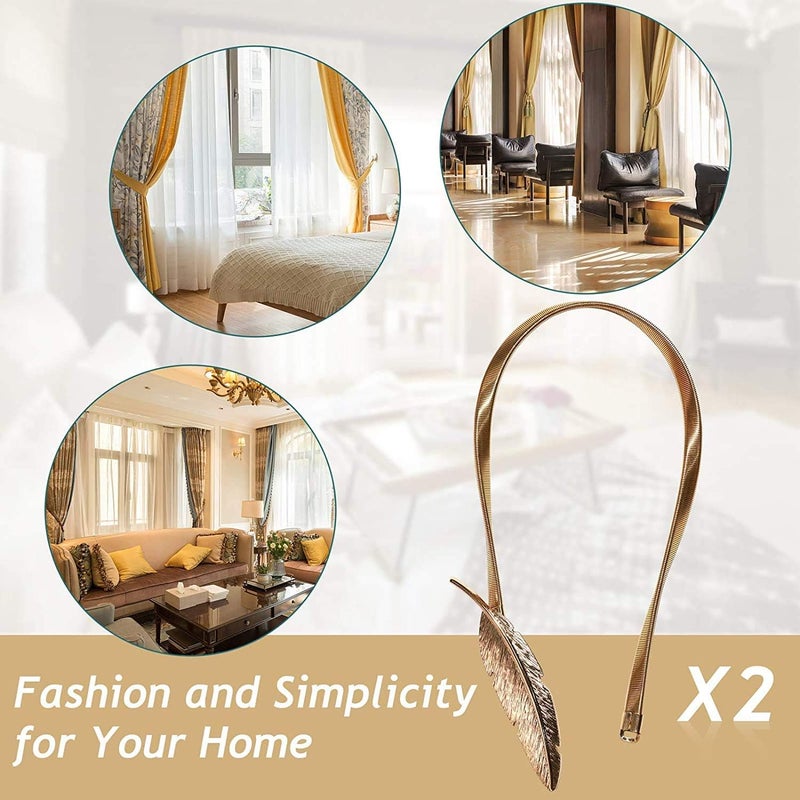 LLPMutu 4Pack Curtain Tiebacks Aluminum Alloy Spring Design Curtain Holdback Leaf Carving Design Curtain Ties for Drapes Curtain Ties Backs Curtain Modern Simple Style Curtain Holdback Decor (Gold Feather) - Image 3